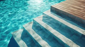 AI generated Swimming pool with stair and wooden deck. photo