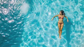 ai generado aéreo ver de mujer en nadando piscina foto