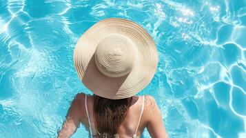 AI generated Top view of beautiful woman earing sunhat relaxing in swimming pool photo