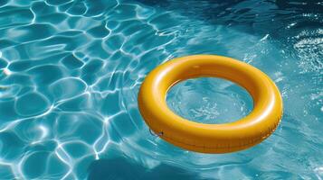 ai generado amarillo piscina flotar, anillo flotante en un refrescante azul nadando piscina foto