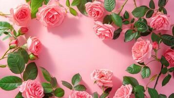 AI generated Rose flowers with green leafs on pink background photo