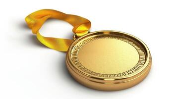 AI generated Gold medal with golden ribbon, faint shadow, isolated on white background. photo