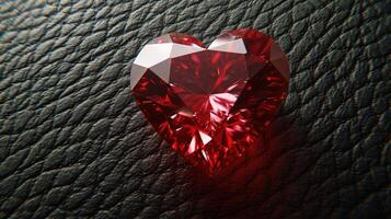 ai generado rojo corazón conformado diamante, en un negro cuero antecedentes foto