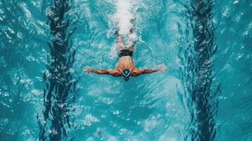 ai generado parte superior ver masculino nadador nadando en nadando piscina. profesional determinado atleta formación para el campeonato, utilizando mariposa técnica. parte superior ver Disparo foto