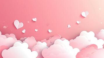 AI generated Horizontal banner with pink sky and paper cut clouds. Place for text. Happy Valentine's day sale header or voucher template with hearts. Rose cloudscape border frame pastel colors. photo