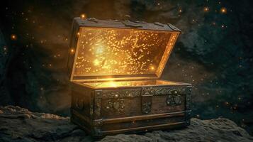 AI generated Open an ancient treasure chest that radiated light in old background photo