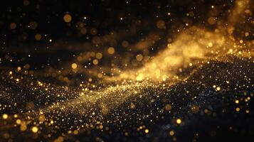 ai generado oro partículas resumen antecedentes con brillante dorado flotante polvo partículas llamarada bokeh estrella en negro antecedentes. futurista reluciente en espacio. foto
