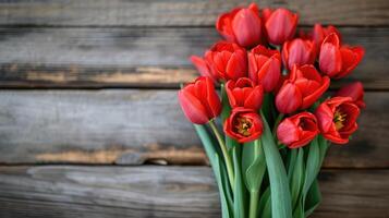 AI generated Bouquet of red tulips on a wooden background. Spring flowers. Mother's Day background. photo