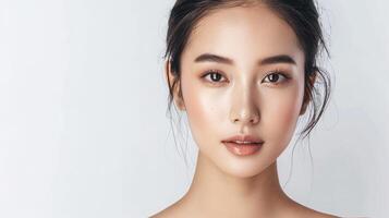 AI generated Beautiful young Asian woman with healthy and perfect skin on isolated white background. Facial and skin care concept for commercial advertising. photo