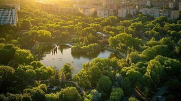 ai generado escénico ver de el parque en el centrar de el grande ciudad en el verano. con un laguna en el medio y verde arboles en el atmósfera de noche ligero foto