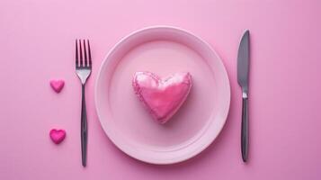 AI generated plate in shape of heart, table knife and fork on pink photo