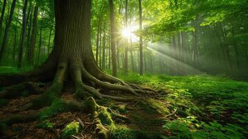 ai generado grande árbol raíces y rayo de sol en un verde bosque foto