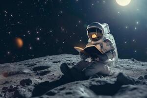 ai generado lunar literatura astronauta absorto en leyendo en el tranquilo Luna foto