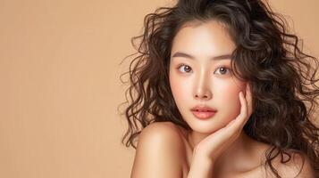 AI generated Young Asian beauty woman curly long hair with korean makeup style touch her face and perfect skin on isolated beige background. Facial treatment, Cosmetology, plastic surgery. photo