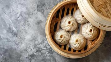 AI generated Steamed baozi dumplings stuffed with meat in a bamboo steamer. Gray background. Top view photo