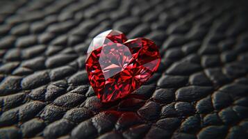 ai generado rojo corazón conformado diamante, en un negro cuero antecedentes foto