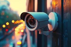 AI generated Surveillance setup CCTV security camera positioned by window, background blurred photo