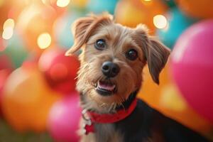 ai generado festivo peludo amigo perro disfruta festividades entre vistoso decoraciones foto