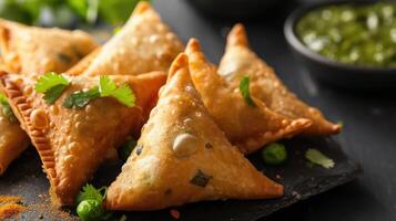 ai generado verduras samosa - es un crujiente y picante indio triángulo forma bocadillo cuales tiene crujiente exterior capa de Maida relleno de machacado papa, chícharos y especias foto