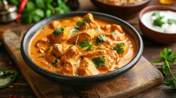 AI generated Chicken fillet in a spicy coconut sauce close-up on a table. horizontal photo