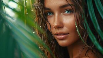 AI generated beautiful tanned girl with natural make-up and wet hair stands in the jungle among exotic plants. photo