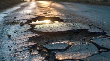 AI generated Damaged american road surface with deep pothole. Ruined street in urgent need of repair photo