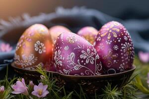 AI generated Springtime tradition Group of decorated Easter eggs for celebrations photo