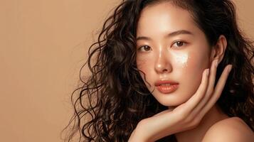 AI generated Young Asian beauty woman curly long hair with korean makeup style touch her face and perfect skin on isolated beige background. Facial treatment, Cosmetology, plastic surgery. photo