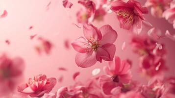 AI generated Fresh quince blossom, beautiful pink flowers falling in the air isolated on pink background. Zero gravity or levitation, spring flowers conception photo