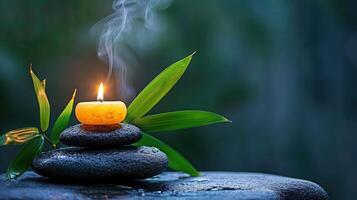 AI generated Spa still life with stacked of stone,burning candle and bamboo leaf photo
