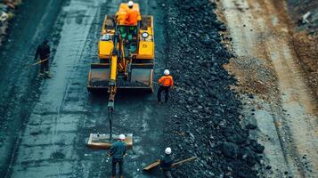 AI generated Workers on a road construction, industry and teamwork photo