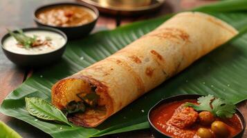 AI generated Paper Masala dosa is a South Indian meal served with sambhar and coconut chutney over fresh banana leaf. Selective focus photo