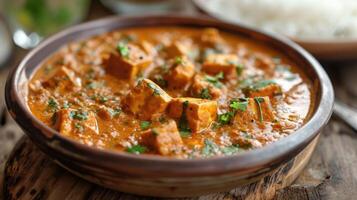 AI generated Paneer Butter Masala or Cheese Cottage Curry in serving a bowl or pan, served with or without roti and rice photo
