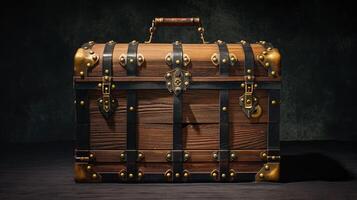 AI generated Wooden treasure chest on dark background photo