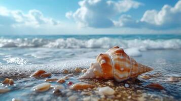 AI generated Shell on beach and landscape of sea with sky. photo