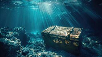 AI generated photo of treasure chest submerged underwater with light rays