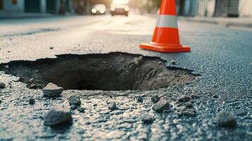 AI generated Deep sinkhole on a street city and orange traffic cone. Dangerous hole in the asphalt highway. Road with cracks. Bad construction. Damaged asphalt road collapse and fallen. photo