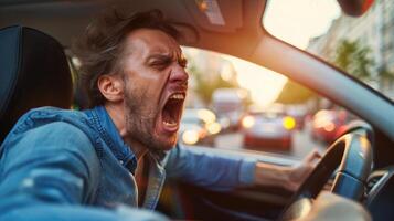 ai generado enojado conductor gritando a alguien desde coche en tráfico mermelada foto