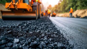 ai generado construcción sitio es tendido nuevo asfalto acera, la carretera construcción trabajadores y la carretera construcción maquinaria escena. autopista construcción sitio escena. foto