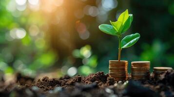 ai generado dinero creciente planta paso con depositar moneda en banco concepto foto