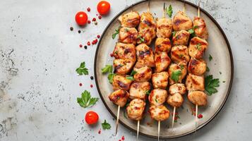 AI generated Chicken kebab skewers on a plate over light grey slate, stone or concrete background . Top view with copy space. photo