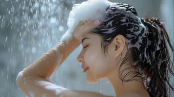 ai generado mujer Lavado pelo con champú y ducha en baño, asiático hembra cuerpo y pelo cuidado con espuma a frescura. spa y salud cuidado. foto
