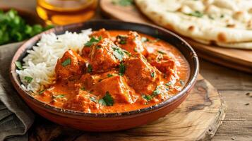 AI generated Chicken tikka masala spicy curry meat food in a clay plate with rice and naan bread on wooden background. photo