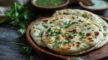 ai generado cilantro naan - indio plano un pan con un espolvorear de Fresco cilantro hojas y cocido en tandoor foto