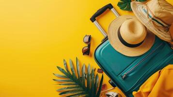 AI generated Packed suitcase with belongings on yellow background with space for text photo