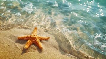 AI generated Starfish on the sand beach in clear sea water. Summer background. Summer time .Copy space. Relaxing on the beach. photo