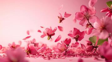 AI generated Fresh quince blossom, beautiful pink flowers falling in the air isolated on pink background. Zero gravity or levitation, spring flowers conception photo