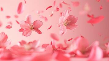 AI generated Fresh quince blossom, beautiful pink flowers falling in the air isolated on pink background. Zero gravity or levitation, spring flowers conception photo