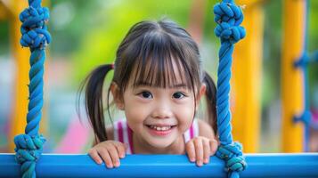 ai generado linda asiático niña sonrisa jugar en colegio o jardín de infancia yarda o patio de juegos. sano verano actividad para niños. pequeño asiático niña alpinismo al aire libre a patio de juegos. foto