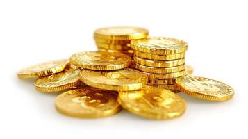 AI generated lot of stacking gold coins in treasure stack and gold on white background photo